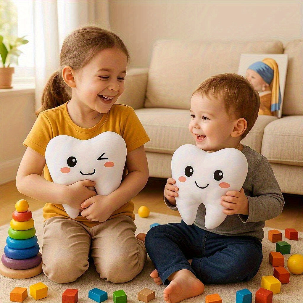 Tooth Shaped Plush Toy with Expressive Faces Earthy Yellow Mixed Color