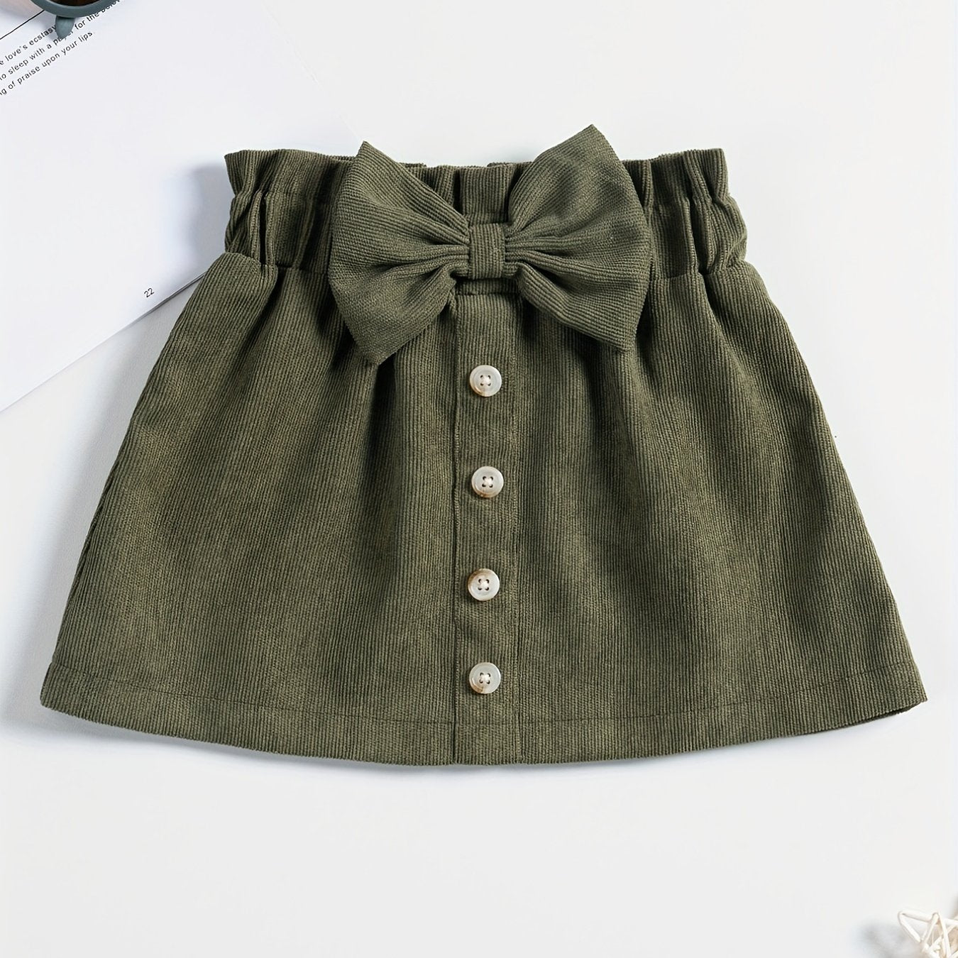 Girls Corduroy Skirt with Bow Decoration and Single Breasted