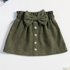 Girls Corduroy Skirt with Bow Decoration and Single Breasted