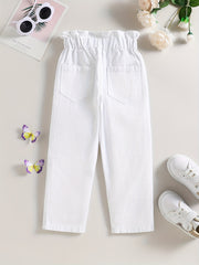 Girls Ruffle Paperbag Waist Straight Leg Pants High Waist Button Trousers