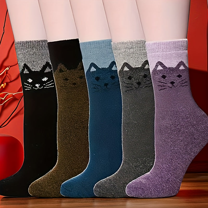 5 Pairs Animal Cat Pattern Winter Cozy Crew Socks
