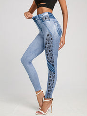 Denim Print Skinny Leggings Stretchy Casual Leggings