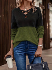 Block Long Sleeve Sports T shirts V neck Casual Running Tops Women's Tops