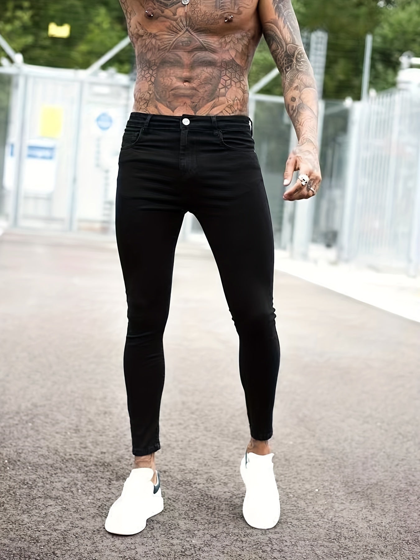 Men's Slim Fit Tapered Jeans Solid Stretch Denim Pants