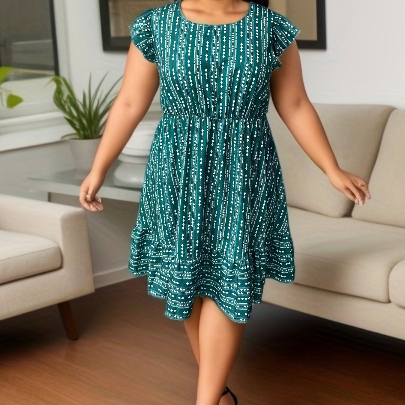 Geometric Print Ruffle Sleeve Smock Dress