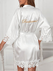 Satin Night Robe Lace Sleeve V Neck Robe Women's Sleepwear