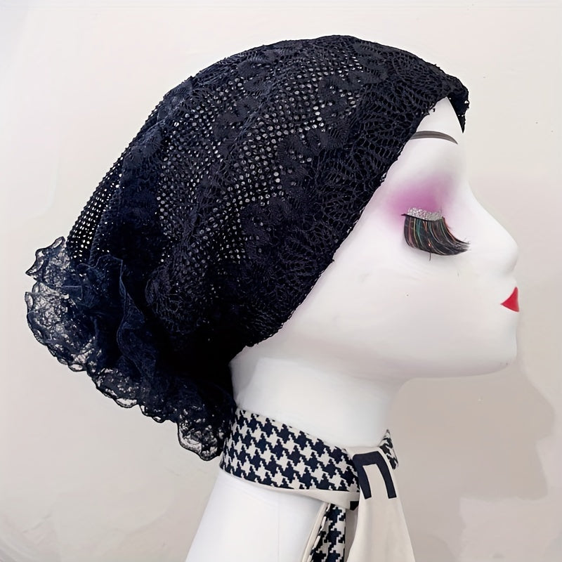Lace Embroidery Mesh Turban Cap Women Head Wrap Elastic Beanie