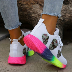 Women's Skull Pattern Sneakers Lace Up Low Top Mesh Shoes