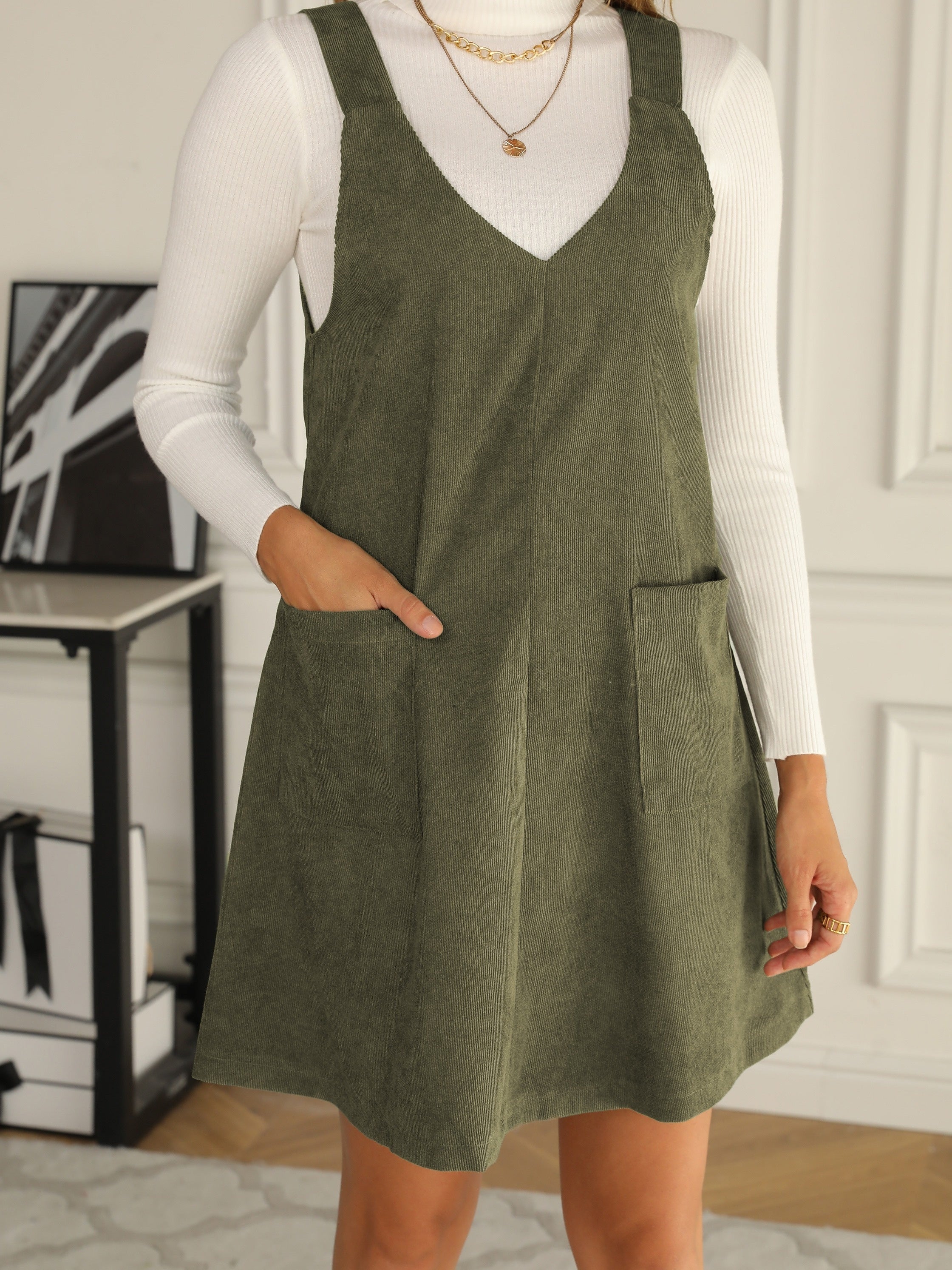 V Neck Corduroy Overall Dress With Pockets