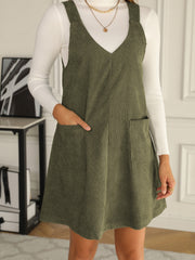 V Neck Corduroy Overall Dress With Pockets
