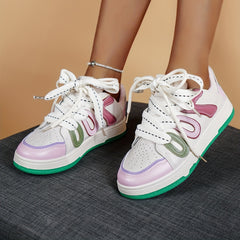 Women's Colorblock Casual Sneakers Low Round Toe Lace Up Outdoor Skate Shoes