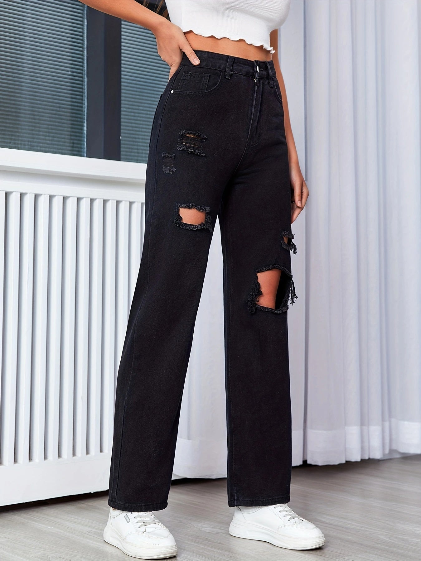 Ripped Knee Cut Jeans Button Slash Pockets Solid Denim Pants