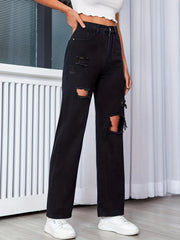 Ripped Knee Cut Jeans Button Slash Pockets Solid Denim Pants