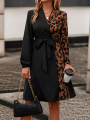 Leopard Print Wrap Dress Surplice Neck Long Sleeve Dress Women's Clothing