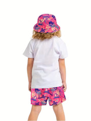 2 Pcs Hawaiian Print Shorts & Hat Set for Girls