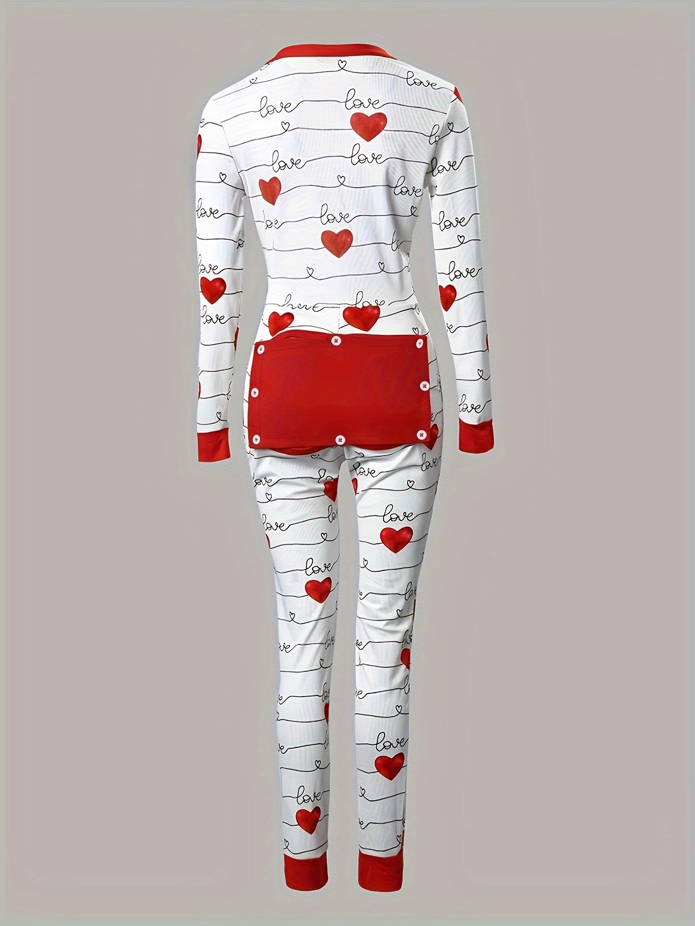 Heart Print Pajama Jumpsuit V Neck Long Sleeve Buttons Pajamas Women's Sleepwear