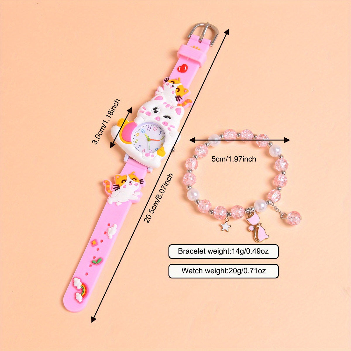3D Cartoon Cat Silicone Watch for Girls with Beaded Cat Bracelet Set