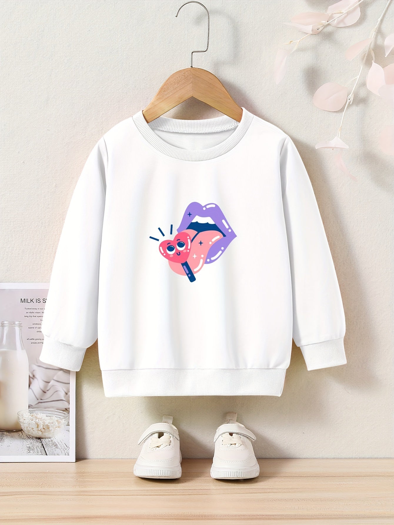 Cartoon Lips & Heart Print Girls Sweater, Long Sleeve Crew Neck Top