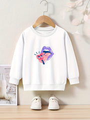 Cartoon Lips & Heart Print Girls Sweater, Long Sleeve Crew Neck Top
