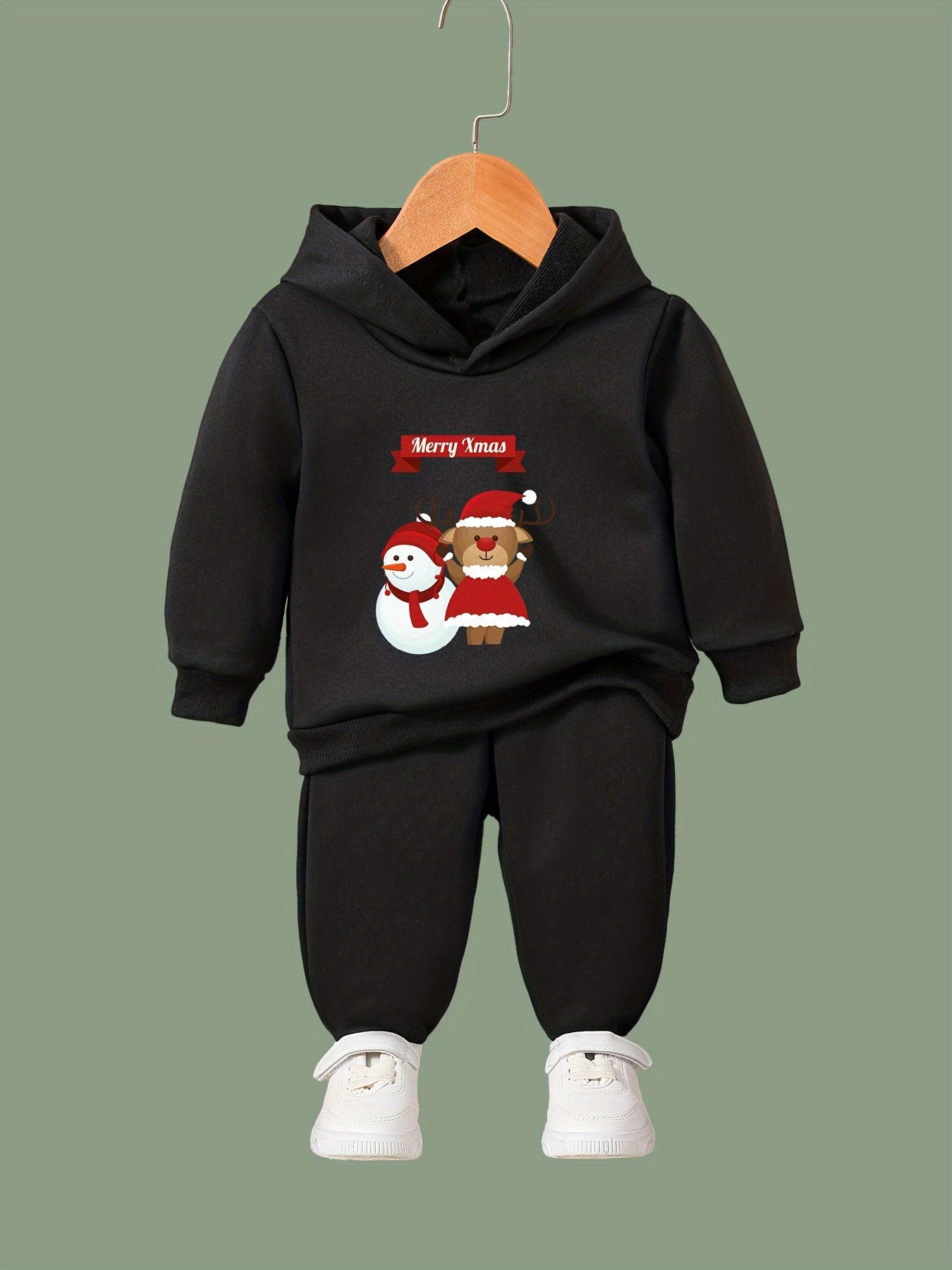 Reindeer Snowman Print Hoodie Jogger Pants Set for Girls Boys