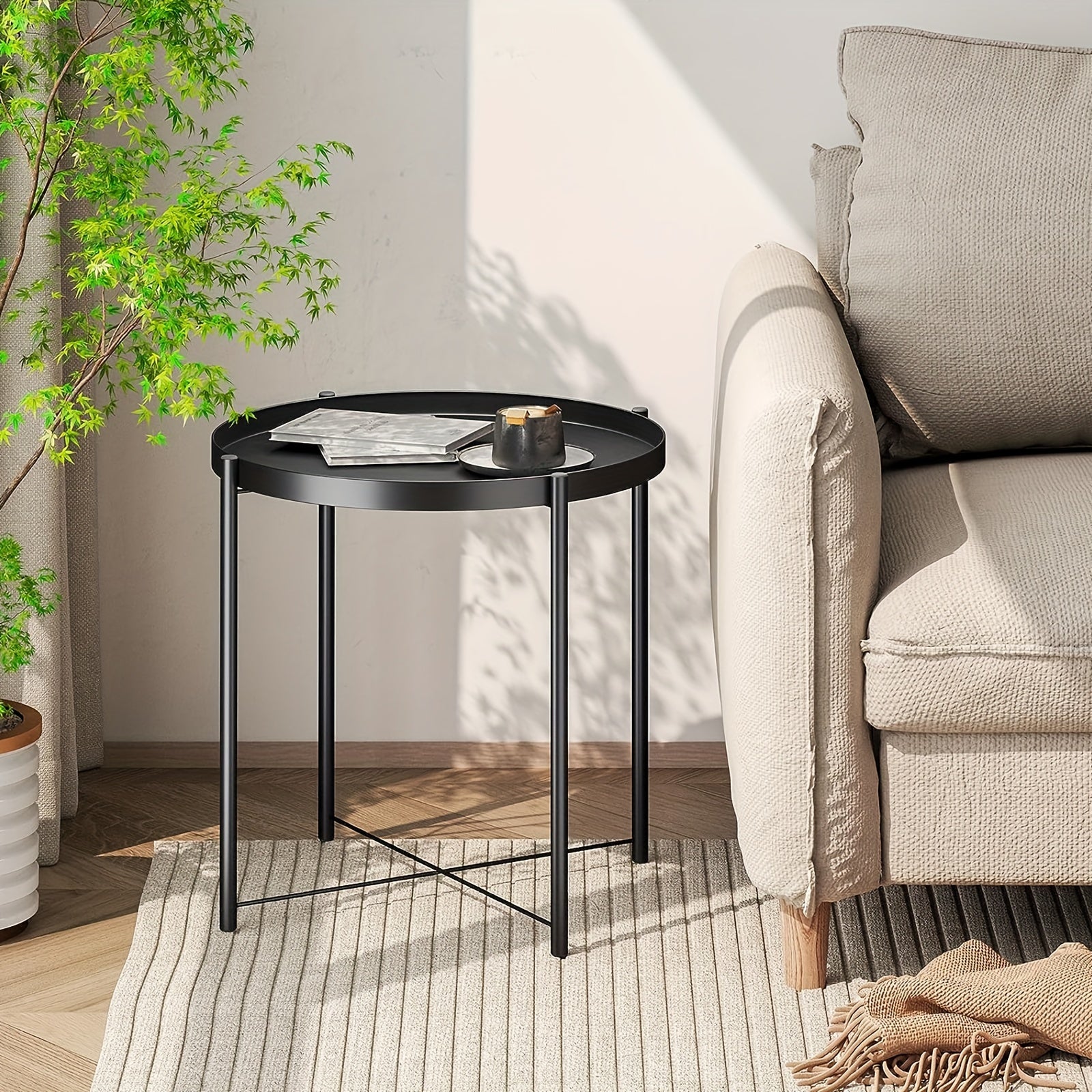 Coffee Table Metal Edge Round Sofa Small Table w/ Tray Living Room Bedroom