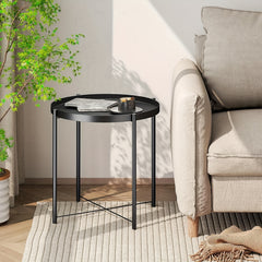 Coffee Table Metal Edge Round Sofa Small Table w/ Tray Living Room Bedroom