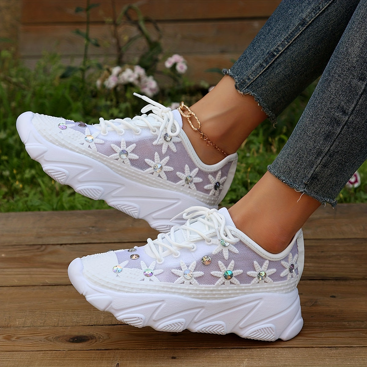 Women's Rhinestone Lace Running Shoes Mesh Sneakers with Shock Absorption