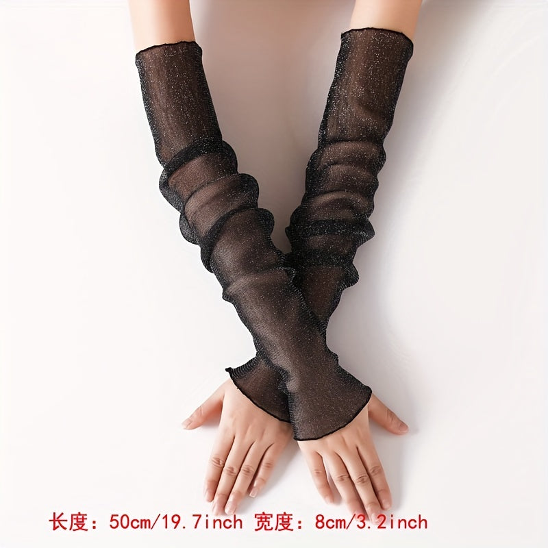 Glitter Solid Breathable Sunscreen Long Gloves for Women