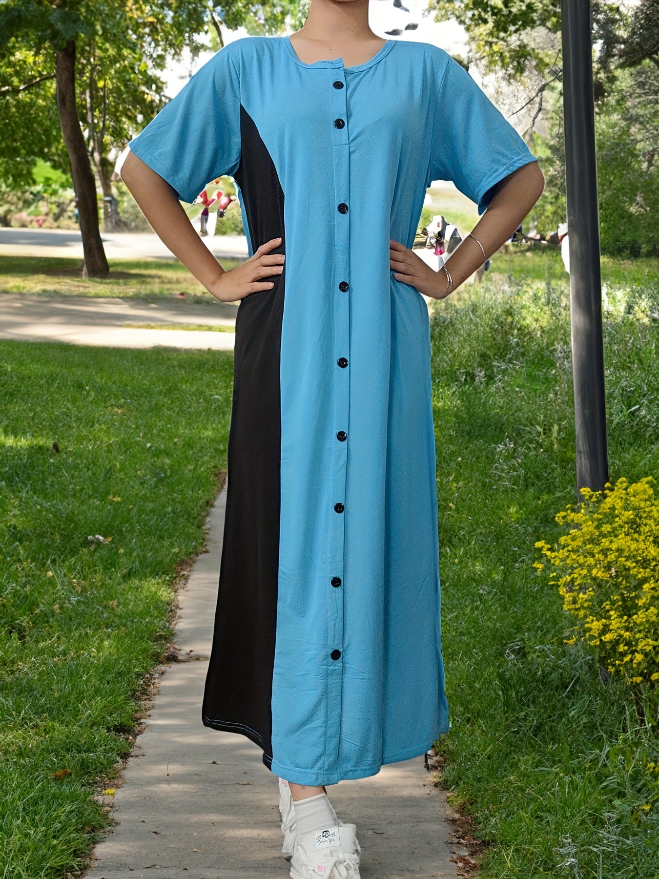 Colorblock Abaya Dress Short Sleeve Maxi Dress