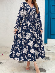 Floral Shirred Waist Maxi Dress Surplice Neck Lantern Sleeve