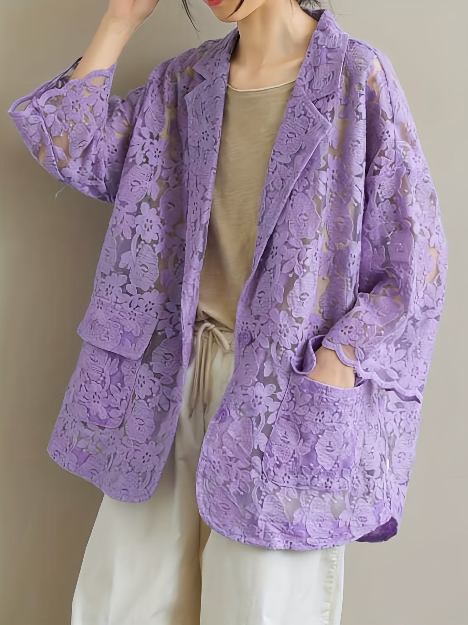 Lace Open Front Blazer Casual Lapel Blazer For Spring & Summer