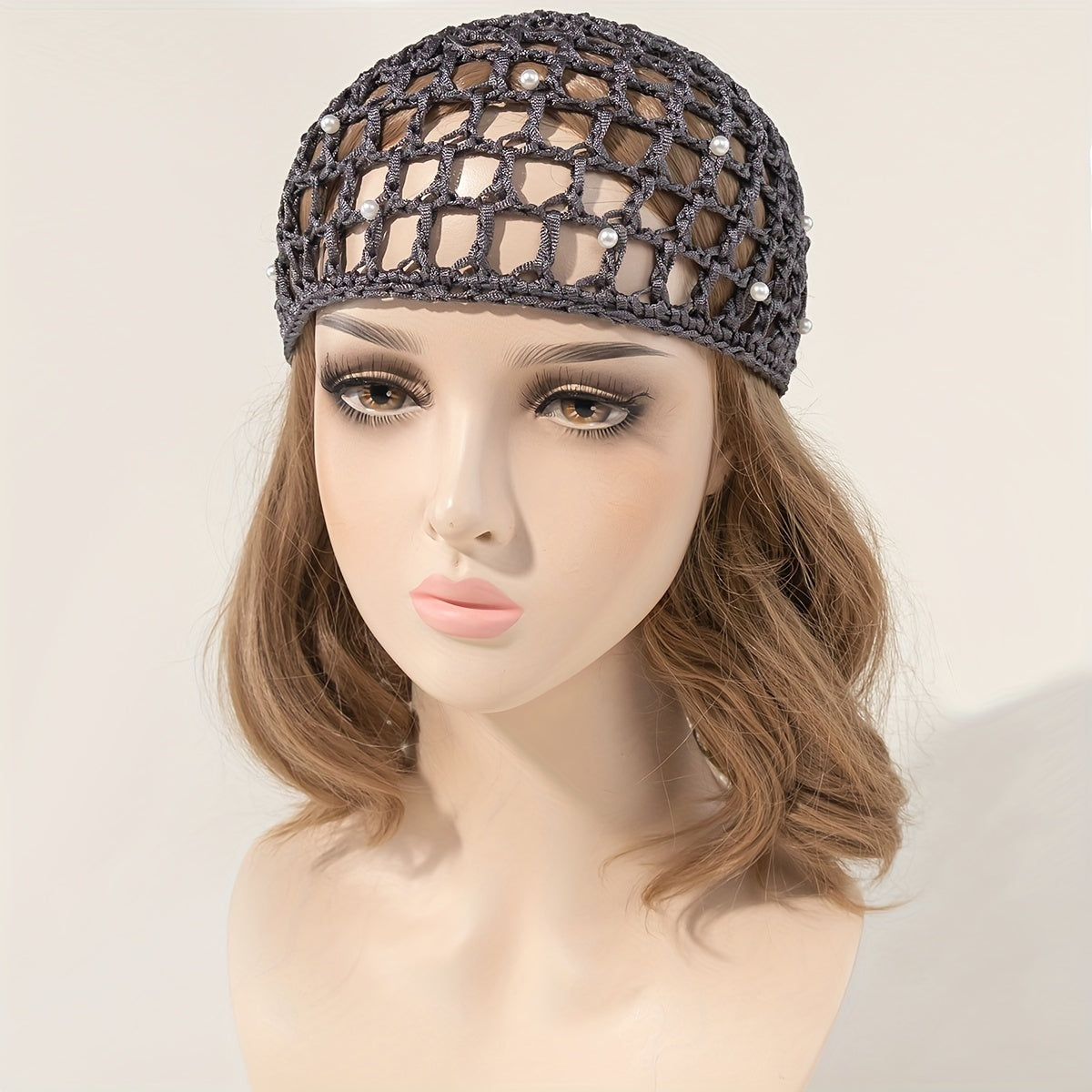 Faux Pearl Hair Net Snood for Women Hollow Crochet Turban Hat for Sleeping