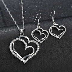 Double Heart Necklace Earrings Bracelet Set Romantic