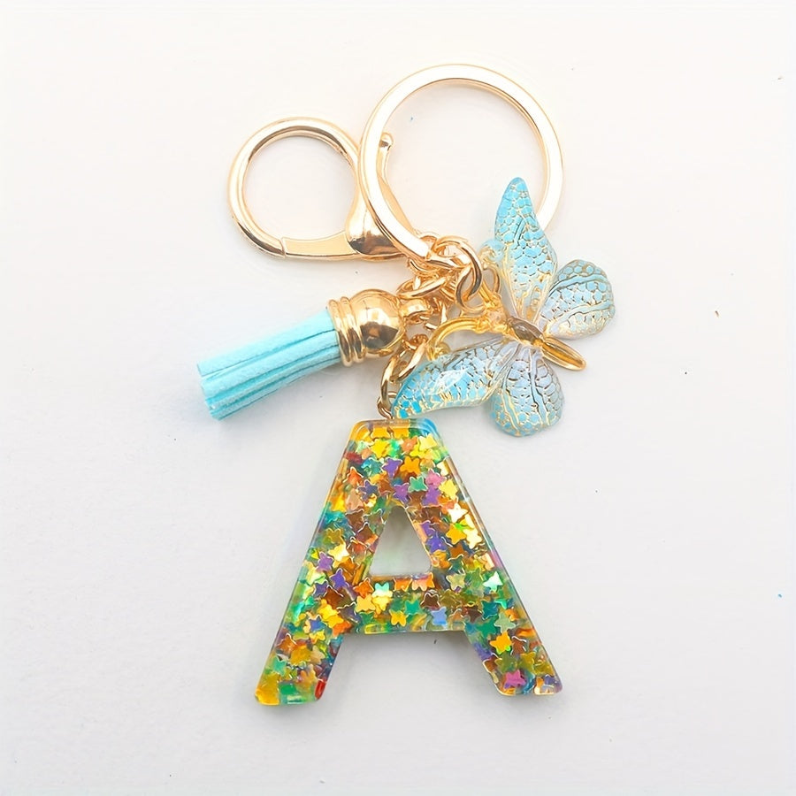 Resin Initial Letter Keychain with Butterfly Pendant and Tassel