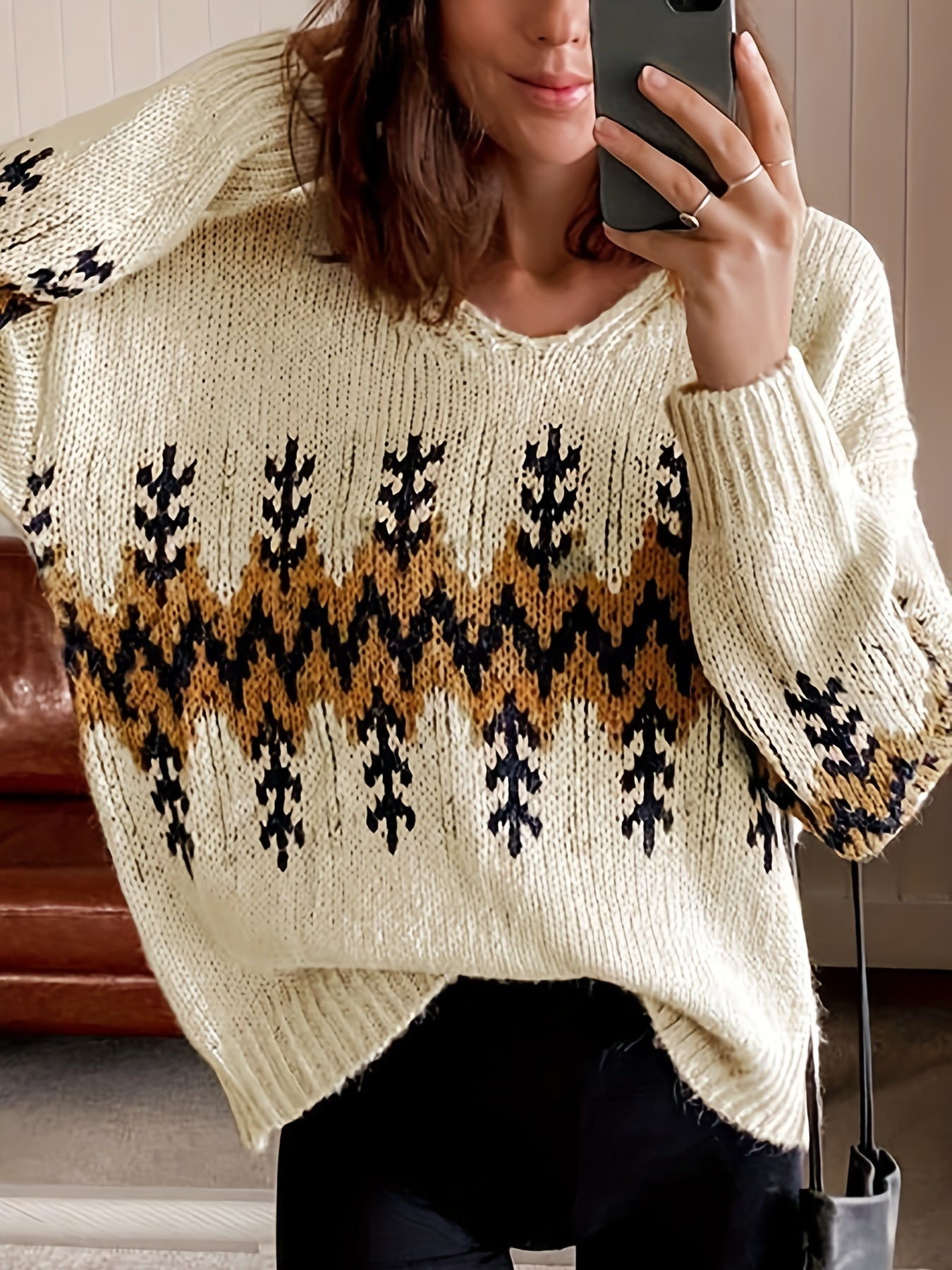 Christmas Casual Sweater Women's Plus Tree Print Long Sleeve V Neck