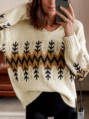 Christmas Casual Sweater Women's Plus Tree Print Long Sleeve V Neck