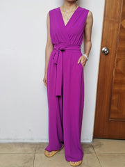 Surplice Neck Sleeveless Shirred Jumpsuit Solid Belted Waist Wide Leg Jumpsuit