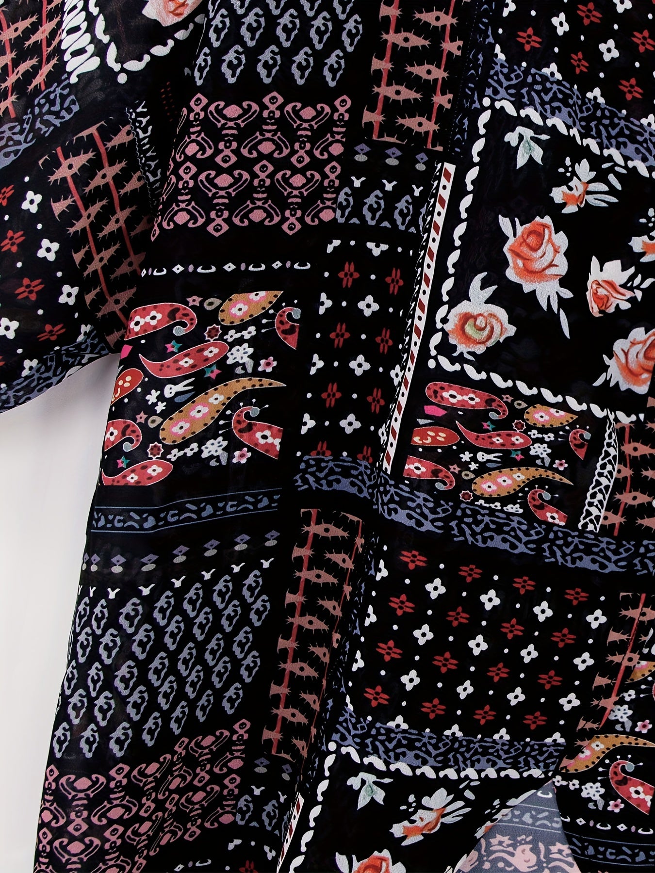 Geometric Print Cover Up Shirt V Neck Half Sleeves Boho Style Beachwear Cardigan