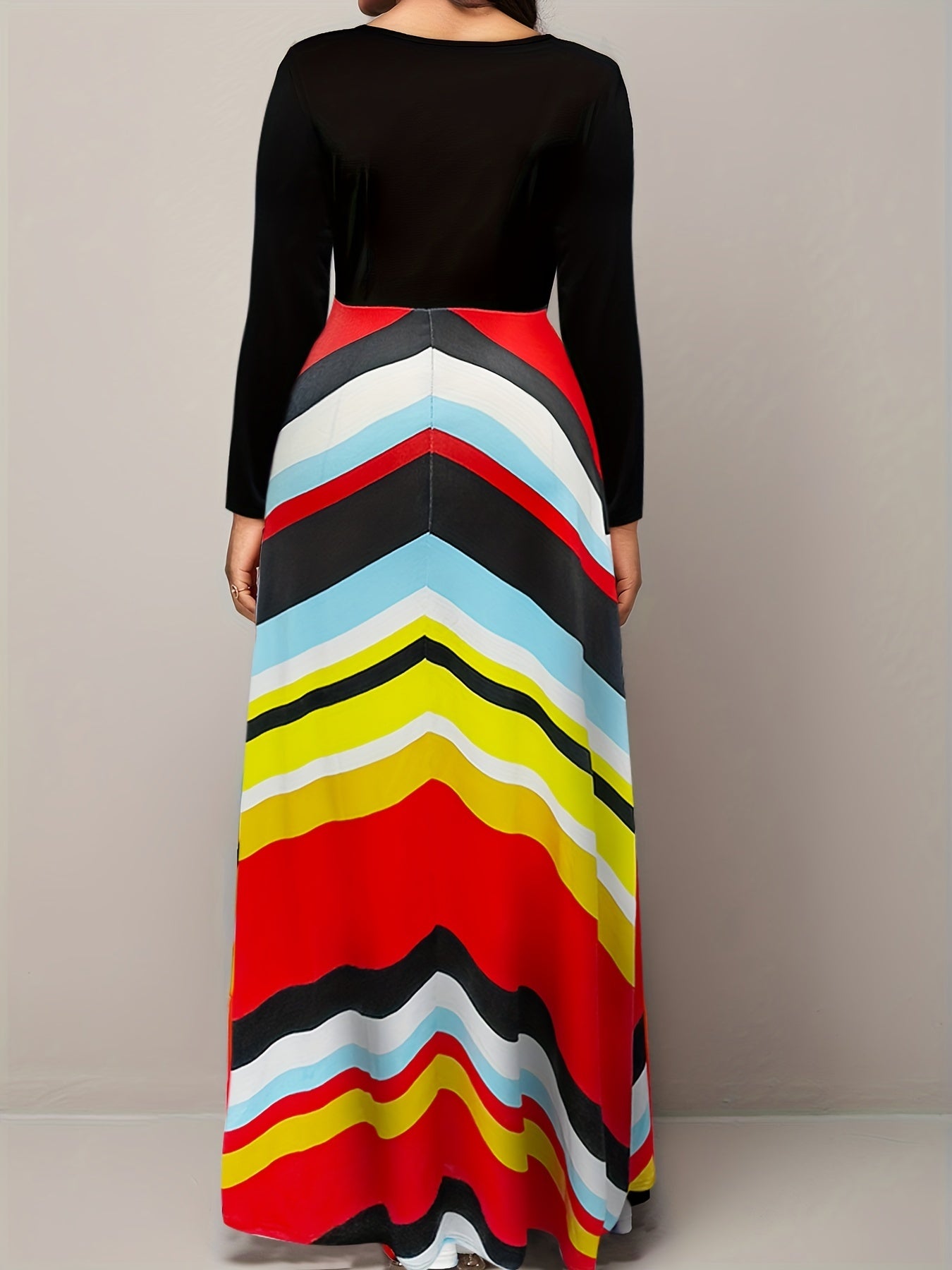 Colorblock Stripe Maxi Dress Long Sleeve Round Neck