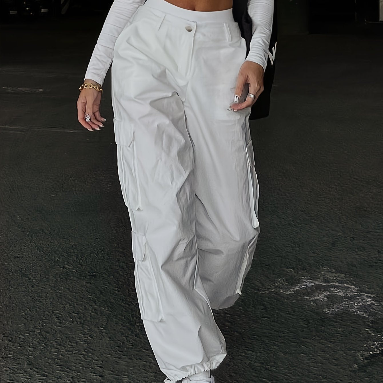 Solid Color Loose Cargo Pants with Elastic Waist
