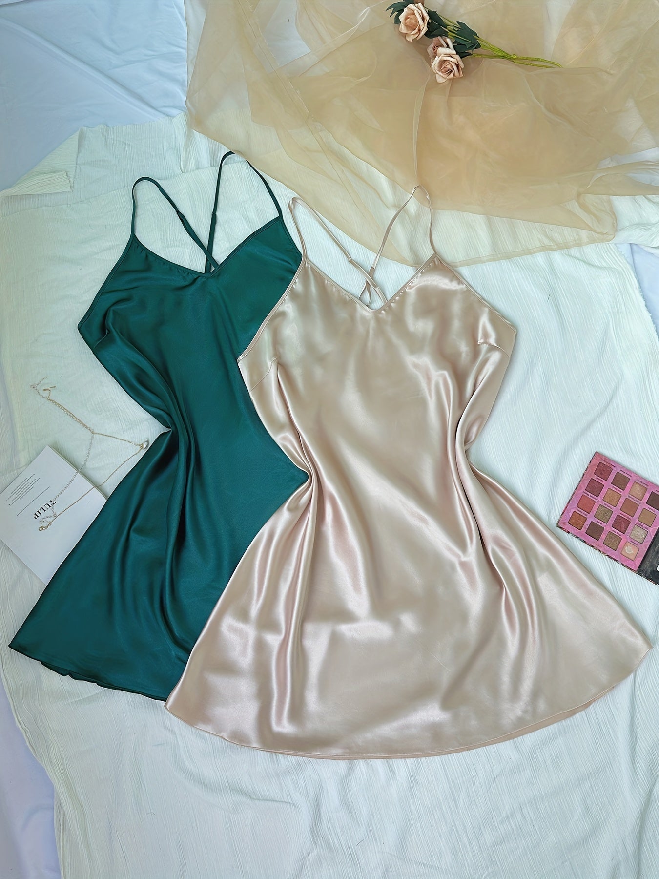 2 Pack Plus Size Sexy Nightdress Set Women's Plus Satin V Neck Criss Cross Back