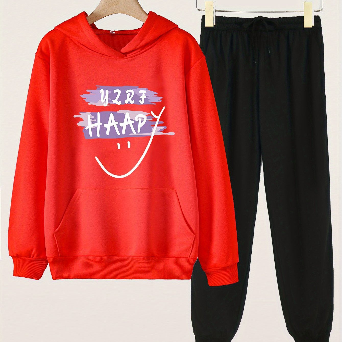 2pcs Happy Print Girls Hoodie Set Kids Casual Hooded Sweatshirt & Sweatpants
