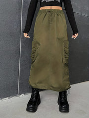 Cargo Skirt High Waist Drawstring Pockets Casual