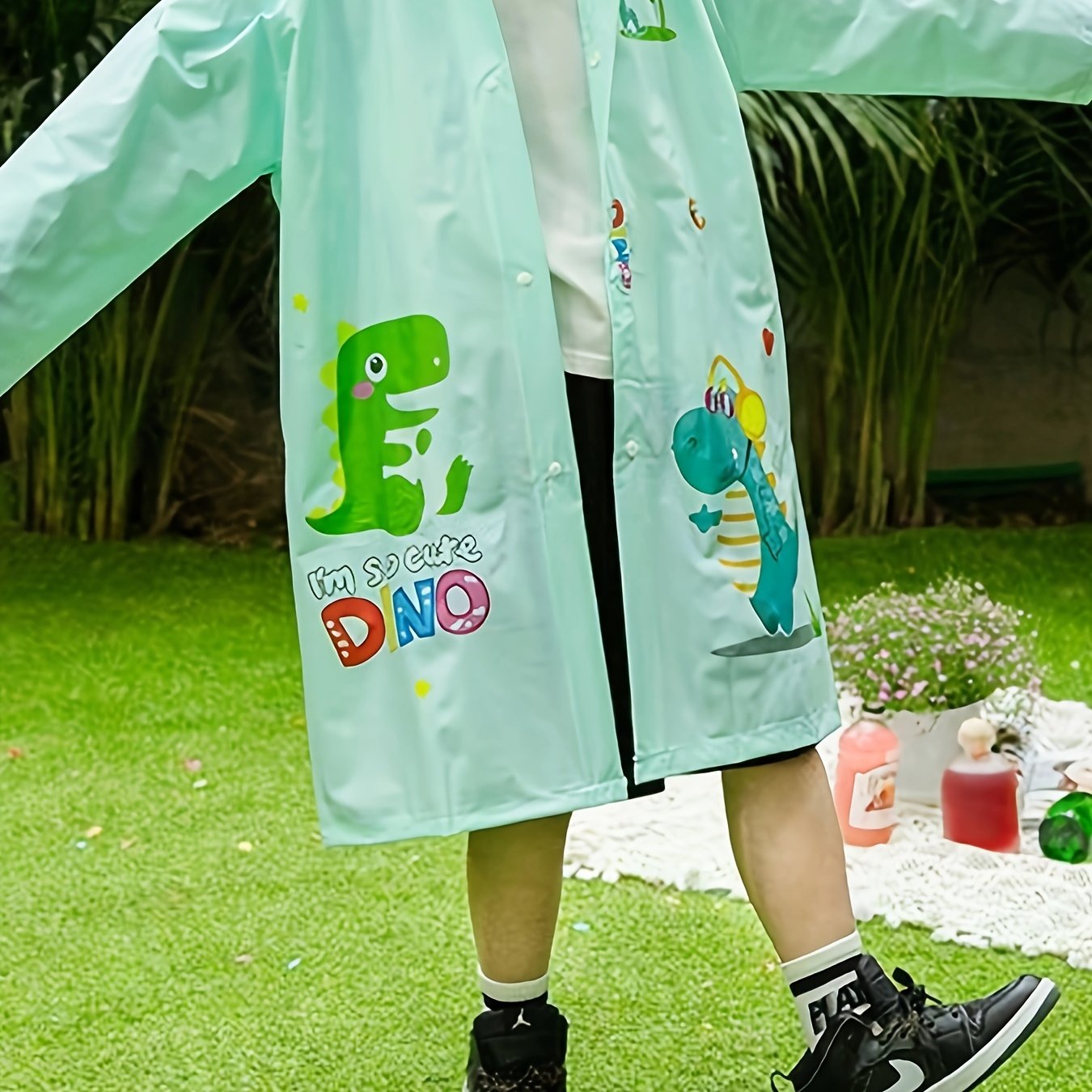 Girls Boys PVC Sun Protection Dino Print Rainbow Poncho Outdoor Gift