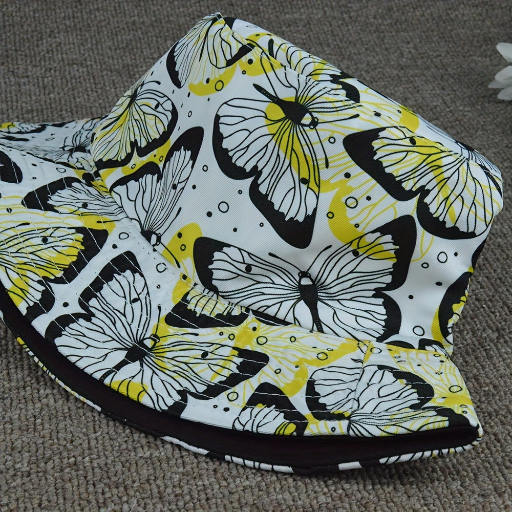 Yellow Butterfly Print Bucket Hat Reversible Wear Foldable Sun Protection
