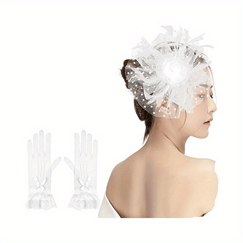 3Pcs Fascinator Hat & Lace Gloves Wedding Tea Party Bridal Hair Accessories