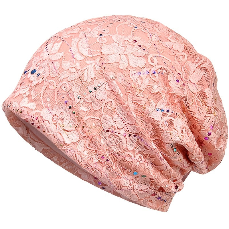 Hotfix Rhinestone Embossed Lace Beanie Hat Solid Skull Cap