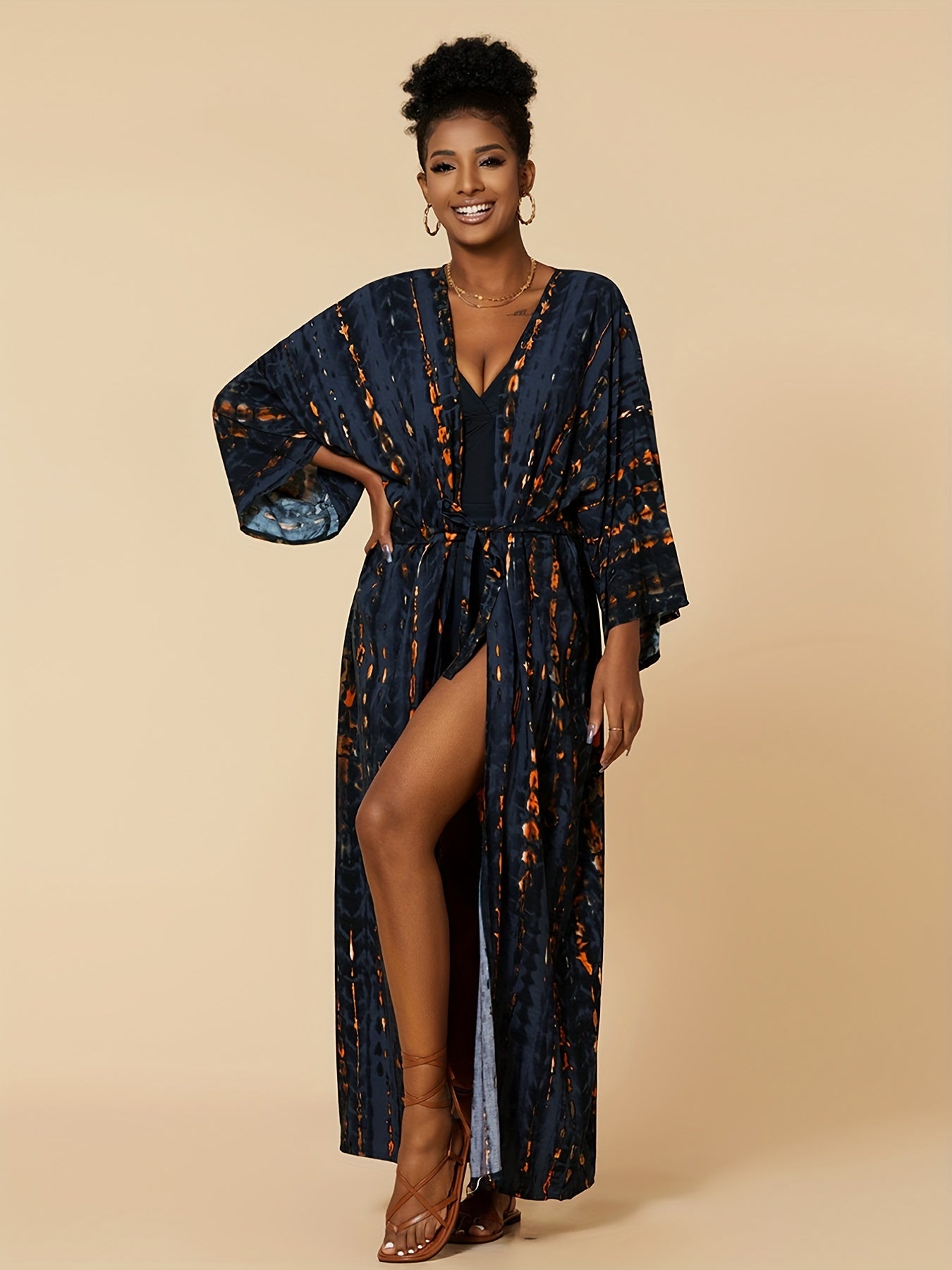 Casual Cover Up Women's Plus Print Long Sleeve V Neck Cover Up