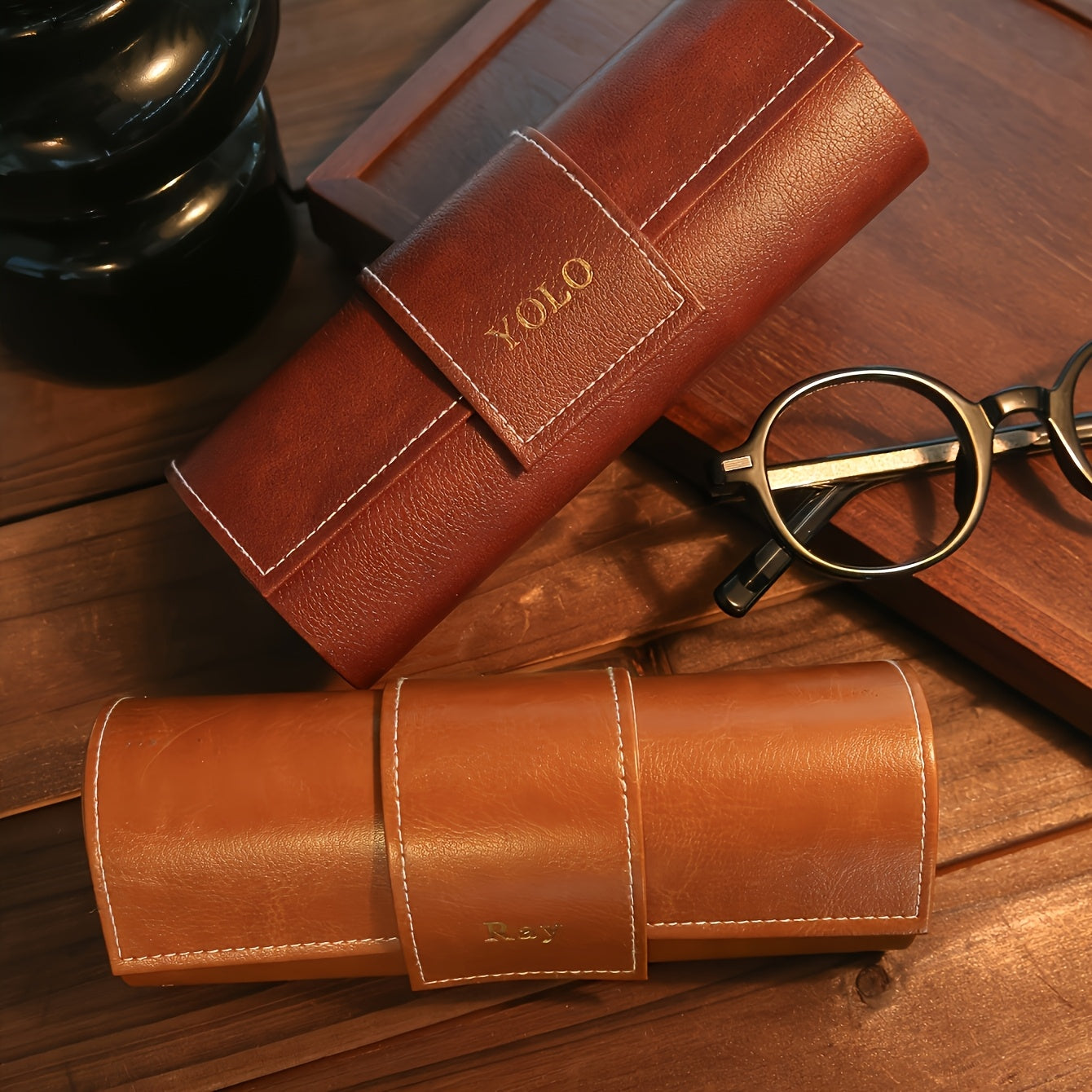Engraved Vintage Faux Leather Glasses Case