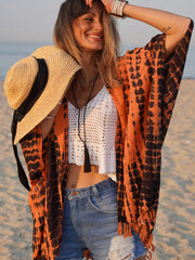 Tie Dye Print Tassel Trim Open Front Cover Up Cardigan Loose Fit